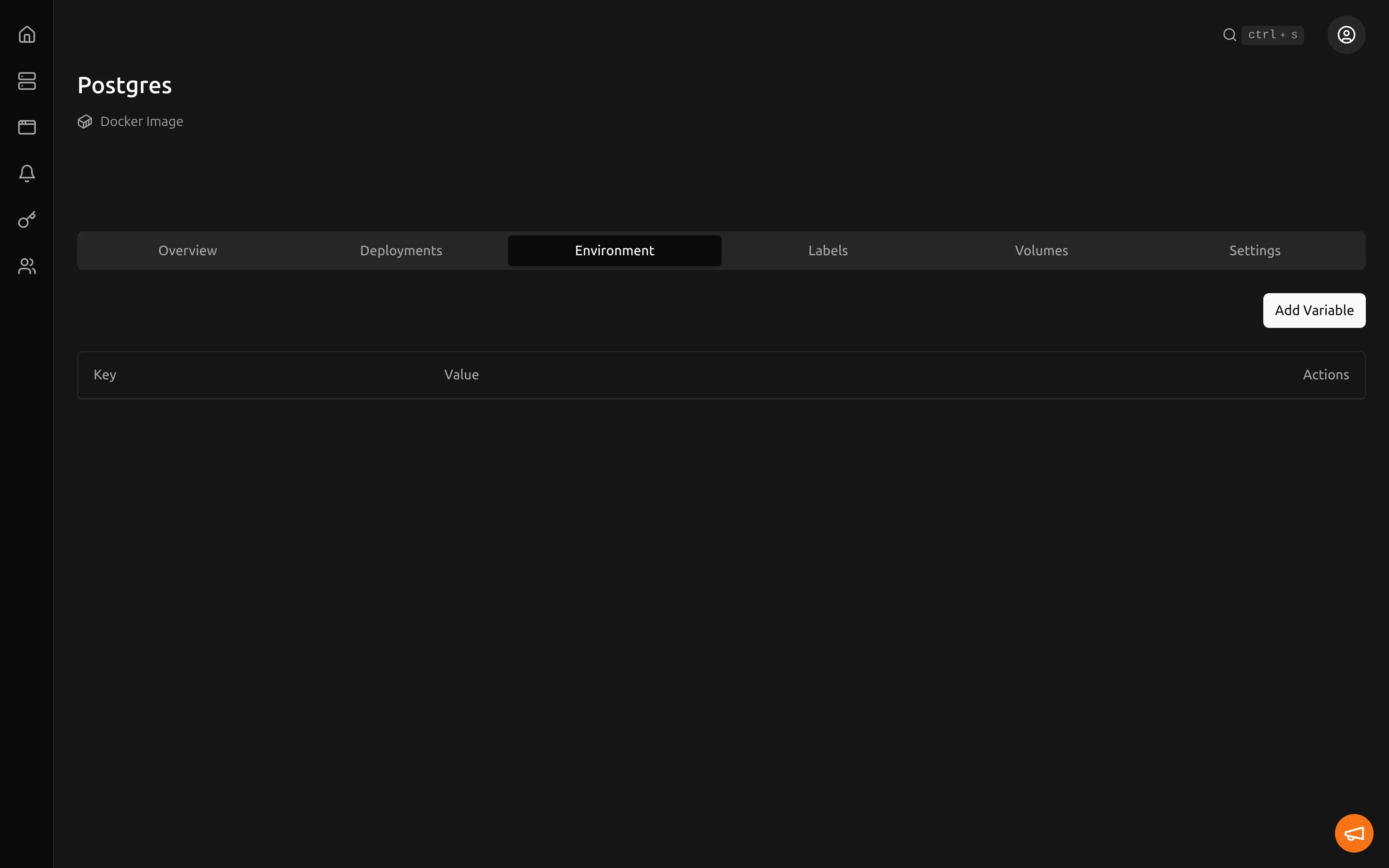 Environment tab of the Postgres application with the Add Variable button