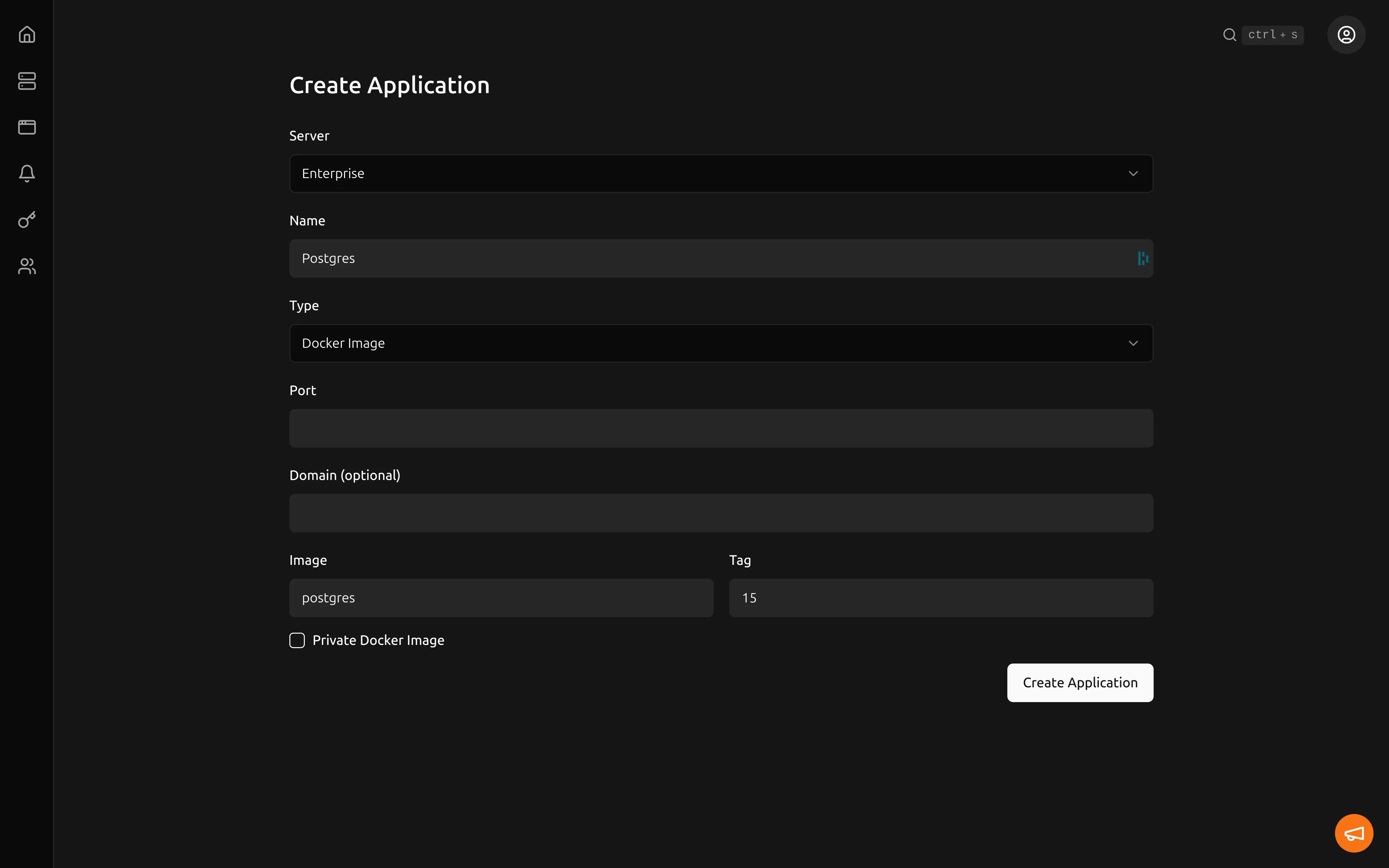 Create Application form with server Enterprise, name Postgres, type Docker Image, image postgres and tag 15