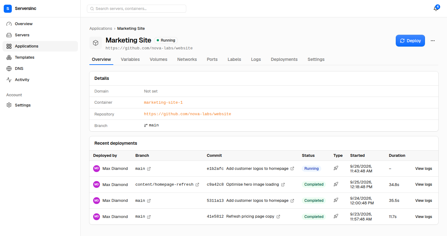 Serversinc application detail page showing a running Marketing Site and recent deployments