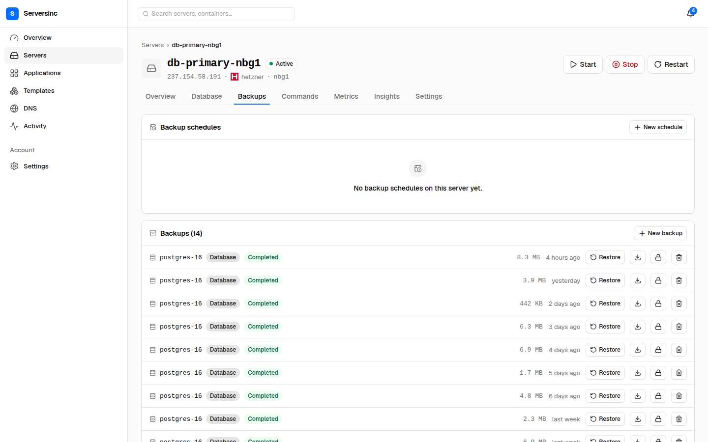 Serversinc database server backups page showing completed PostgreSQL backups and restore actions