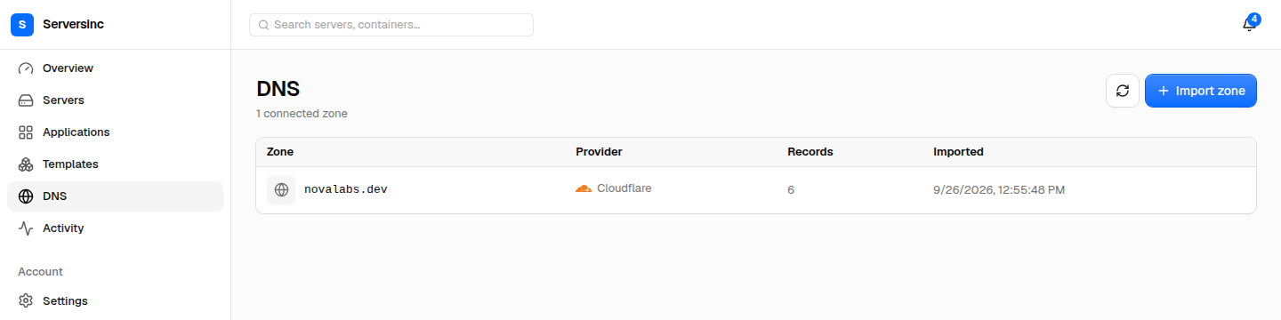 Serversinc DNS page showing the novalabs.dev zone connected through Cloudflare