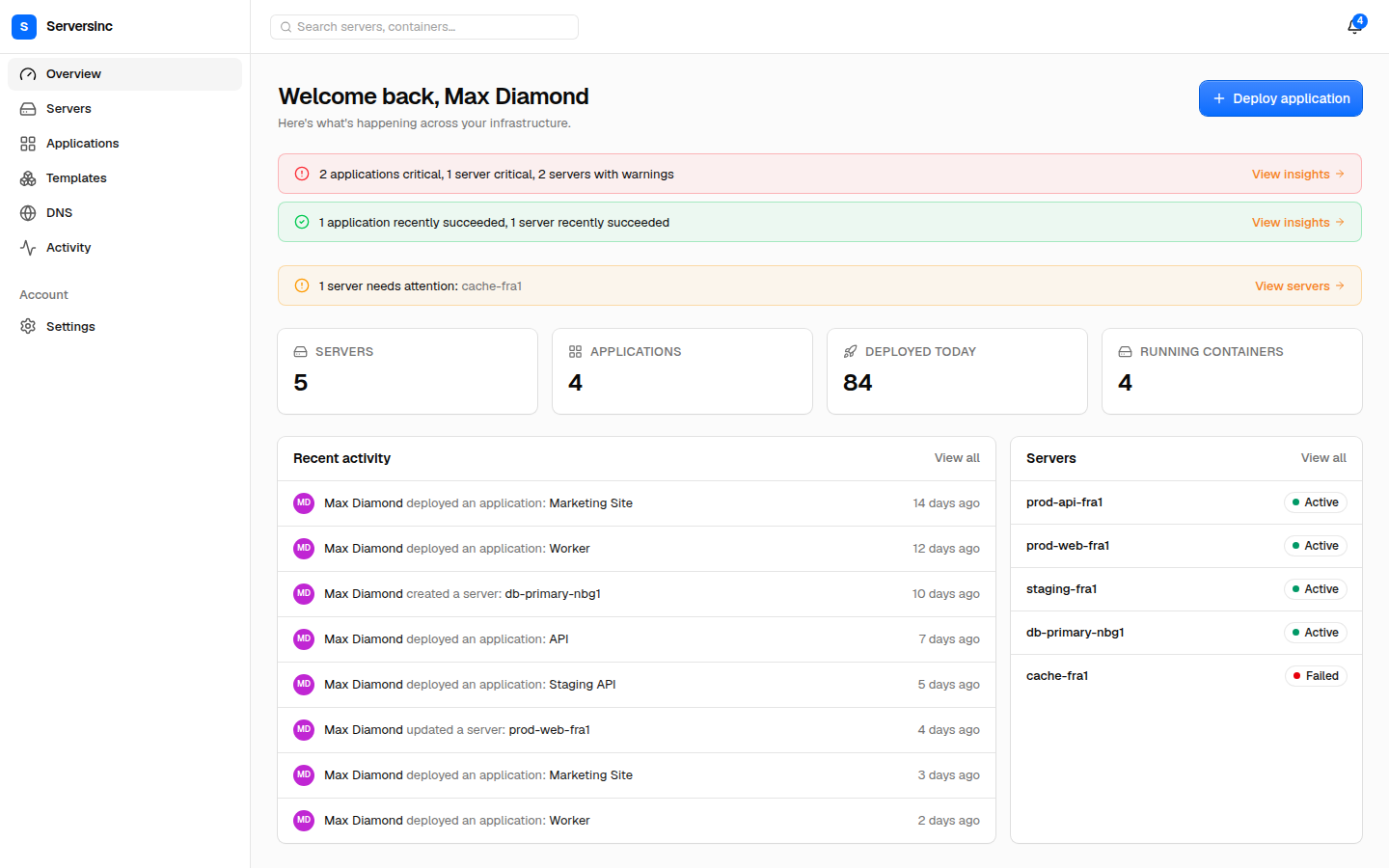 Serversinc overview showing critical, successful, and warning insight summaries