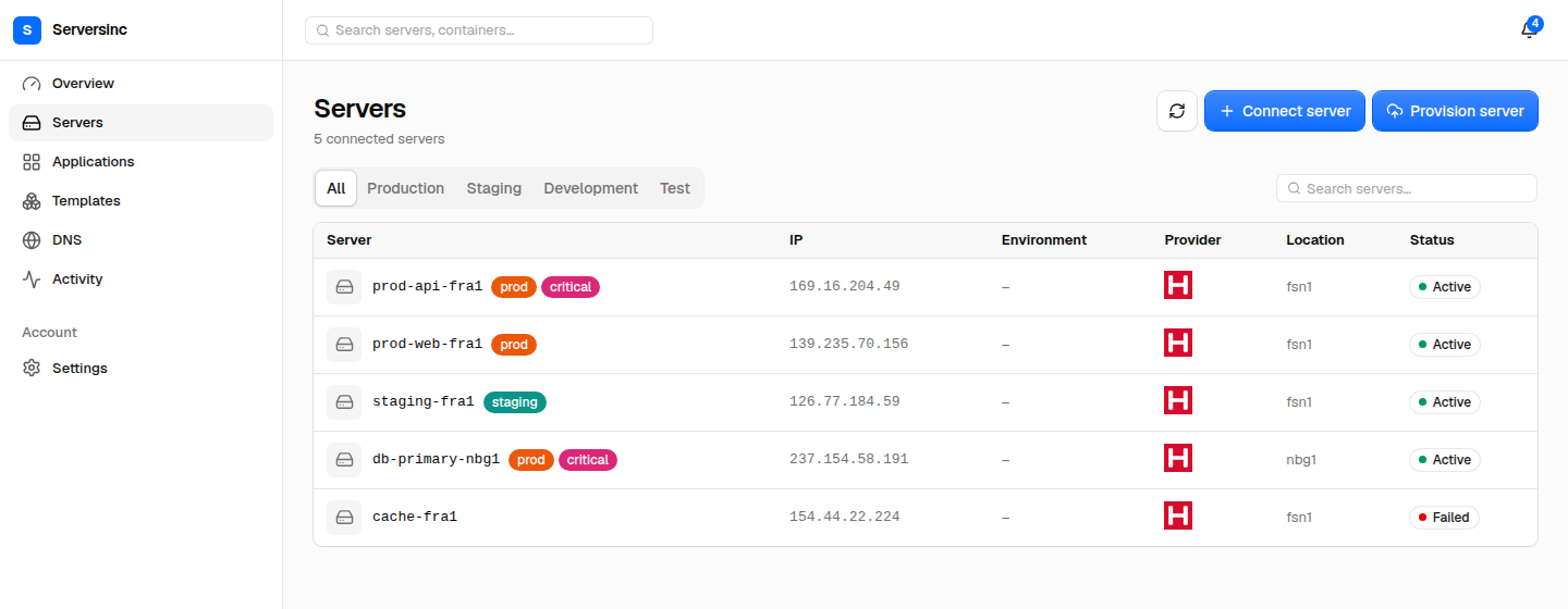Serversinc server inventory showing five connected servers and their providers, locations, and statuses