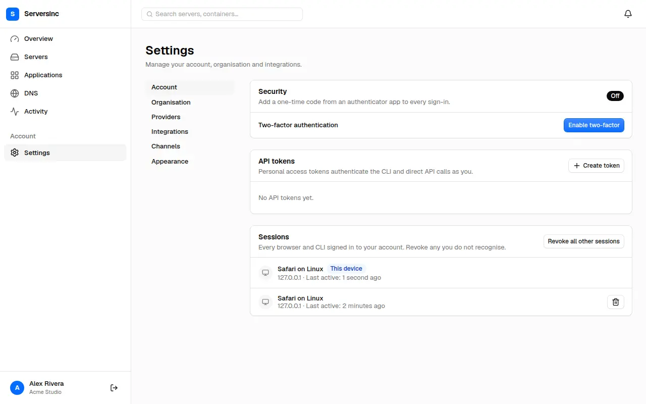 Account settings with two-factor authentication, API tokens and active sessions