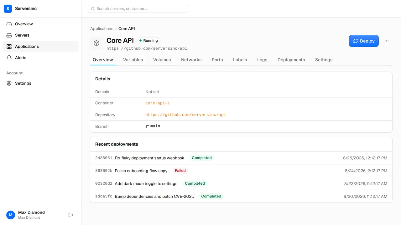 An application detail page showing image, tag, repository and resource limits, with a power menu offering start, stop, restart, rename and change domain