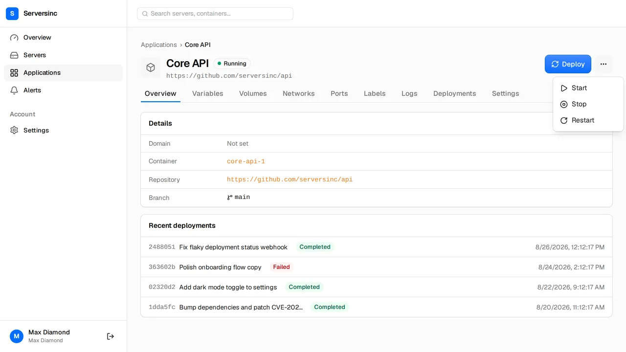 An application detail page showing image, tag, repository and resource limits, with a power menu offering start, stop and restart