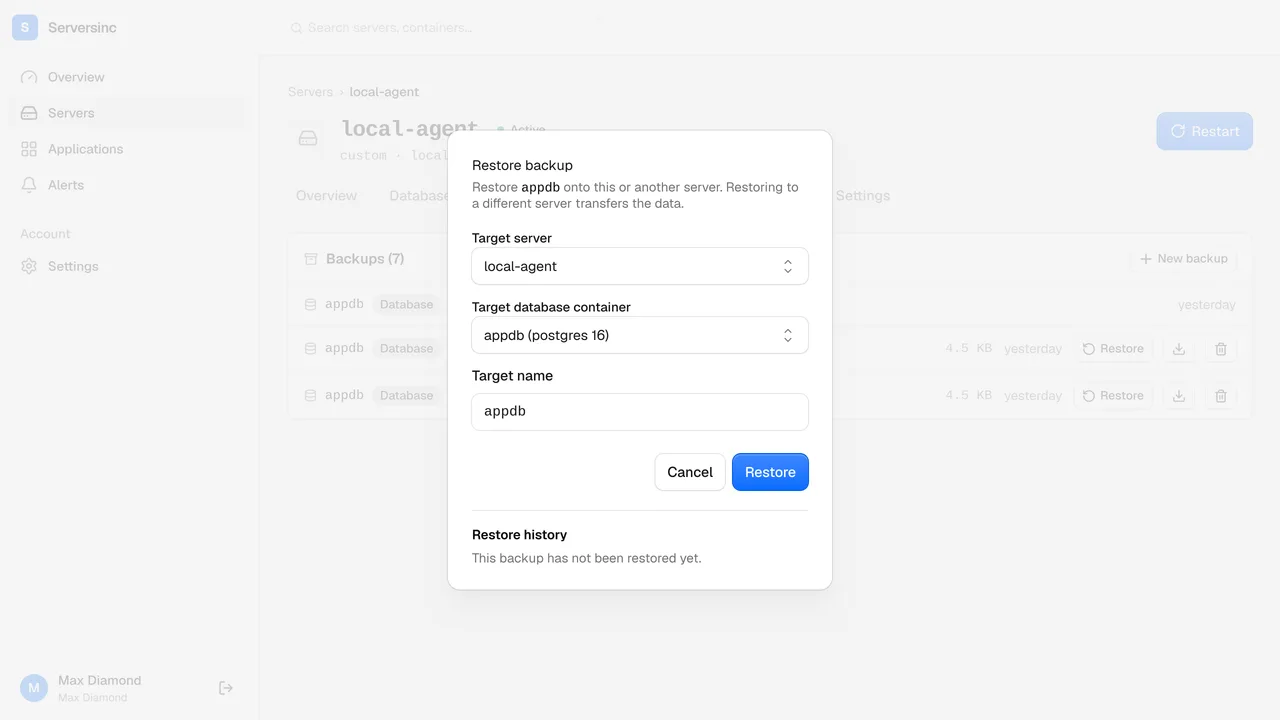 The restore dialog for a database backup, choosing a target server and container