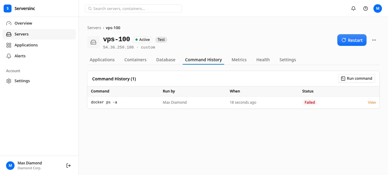 A server command history table listing the command, who ran it, when, and its status
