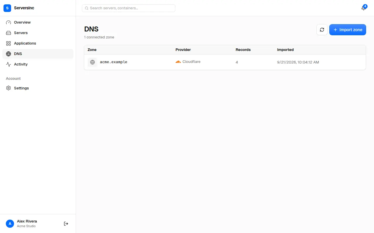The DNS page listing a connected zone and its record count