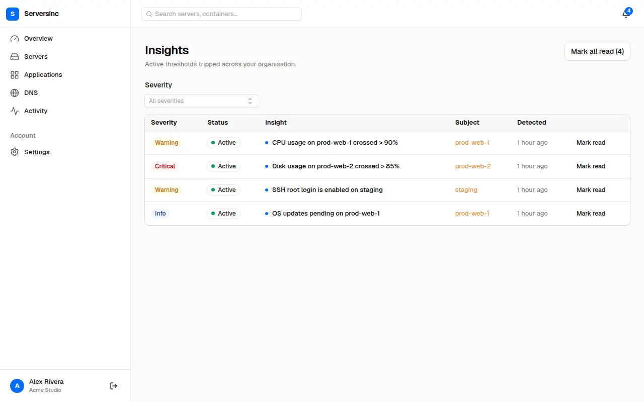 The insights list showing active warnings and critical alerts by severity