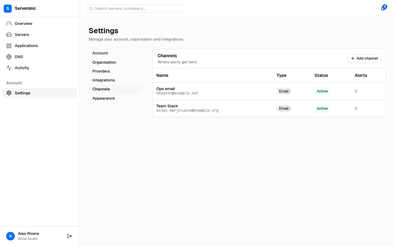 The notification channels list with type and status
