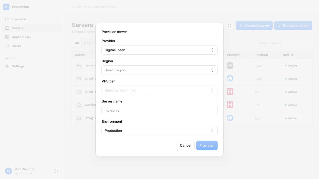 The new server form with a cloud provider, region and VPS tier selected