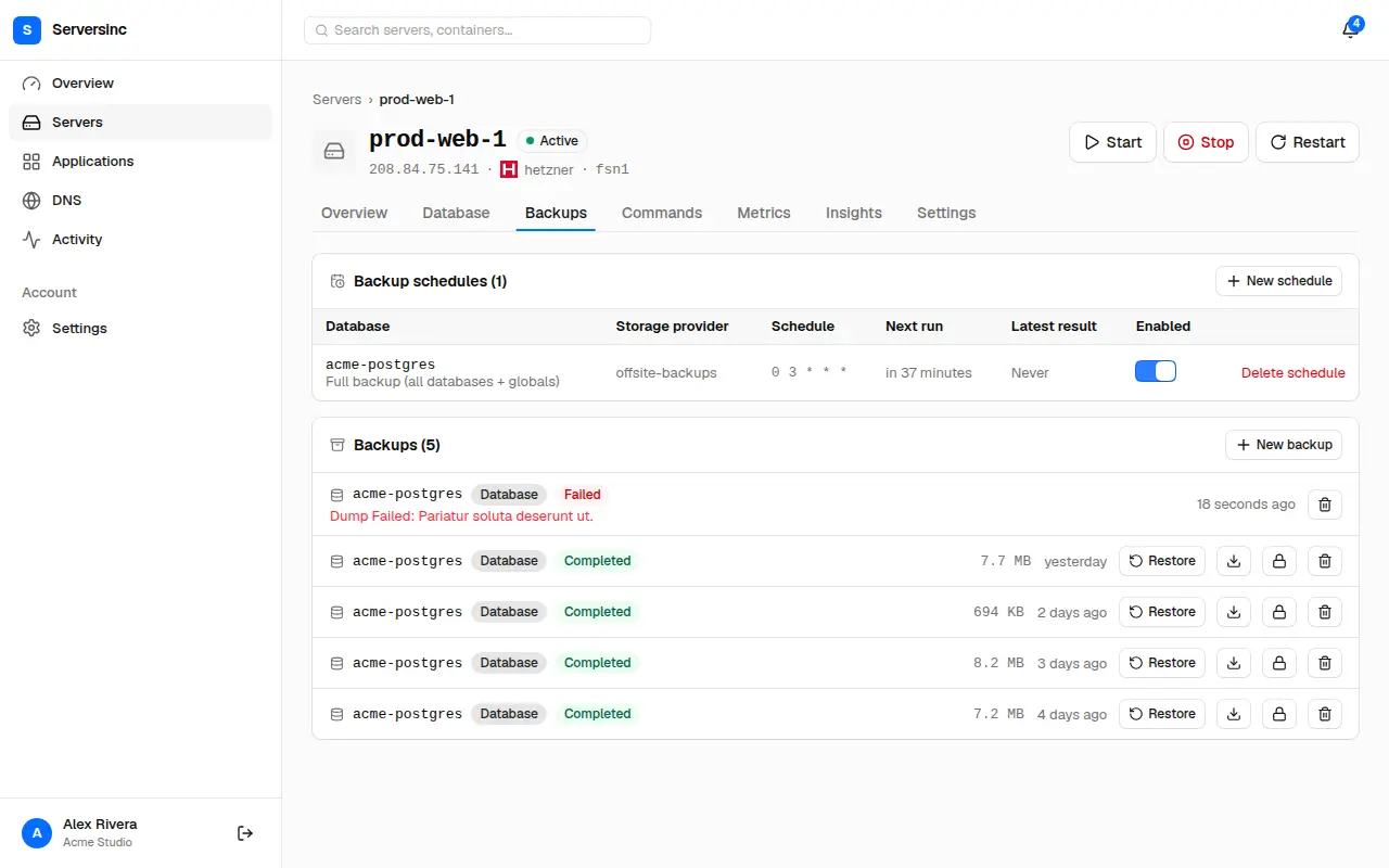 The backups tab with a backup schedule and a list of completed backups with restore and download actions