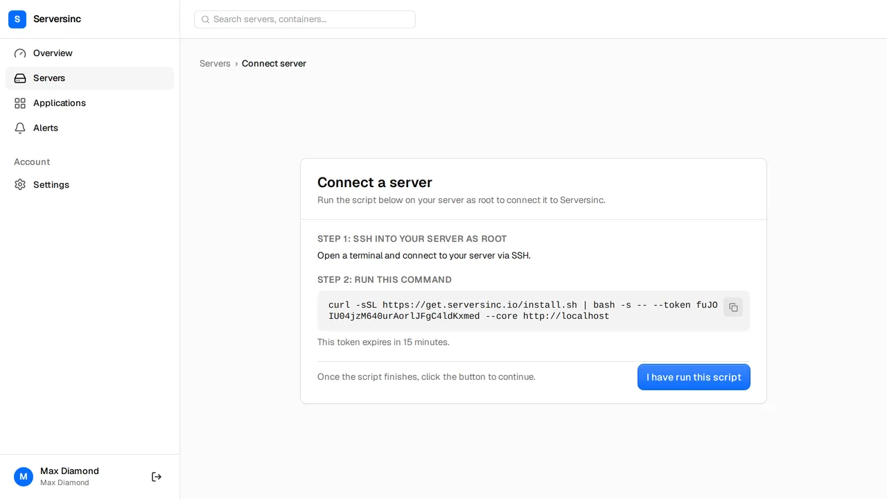 The import server screen showing the one-line install command