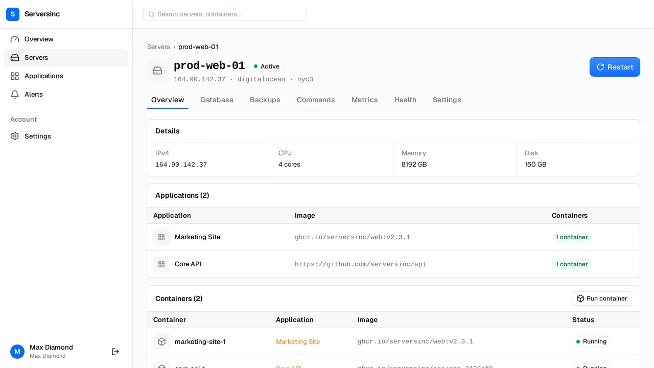 The server detail page with a health summary, live metrics and recent commands