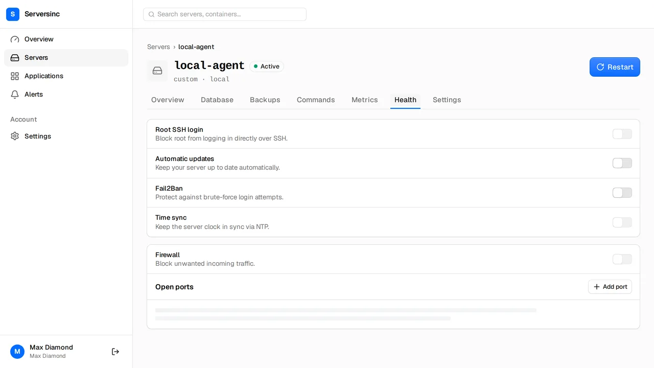 The server health tab with toggles for root SSH login, automatic updates, Fail2Ban, time sync and the firewall