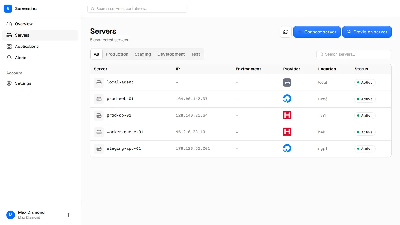 The server list with a newly provisioned machine coming online