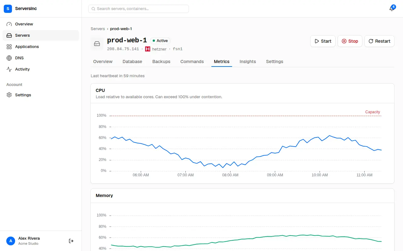 The server Metrics tab with CPU and memory charts