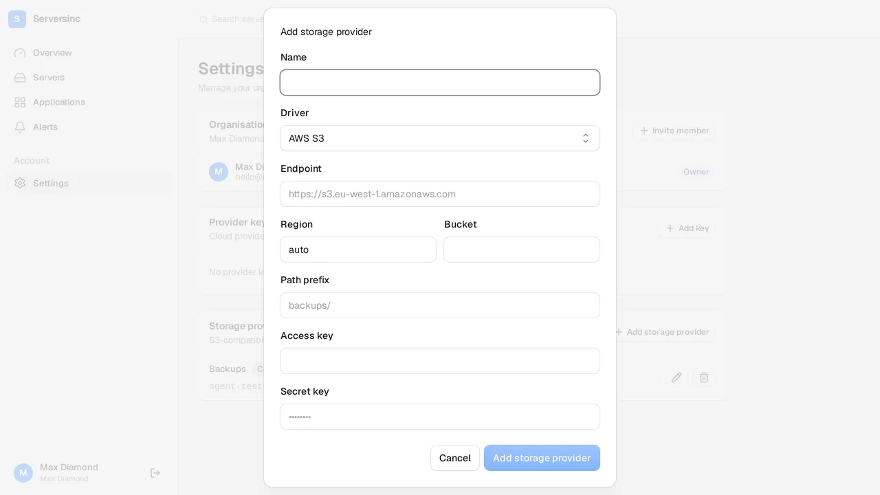 The storage provider form with an S3 endpoint, bucket name and access keys